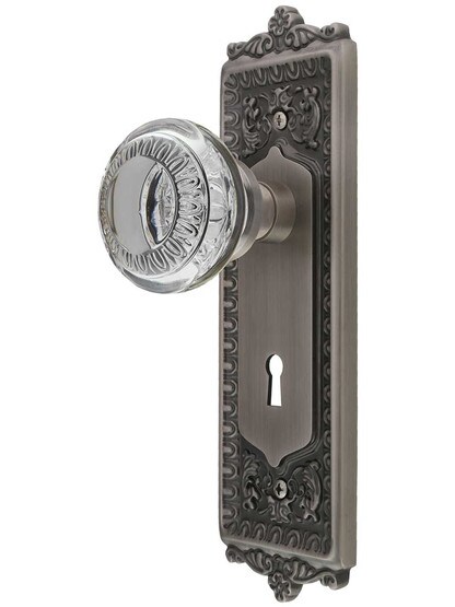Egg and Dart Design Mortise-Lock Set with Ovolo Crystal-Glass Knobs in Antique Pewter.